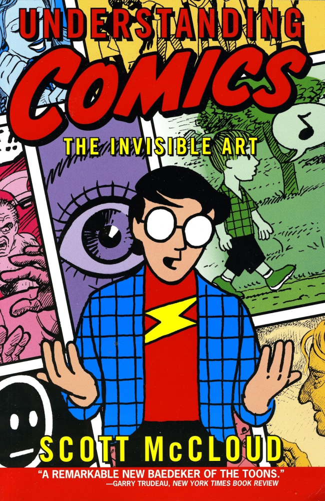 Book cover featuring large typography saying Understnading Comics and the main character, with various comic illustrations in the background.
