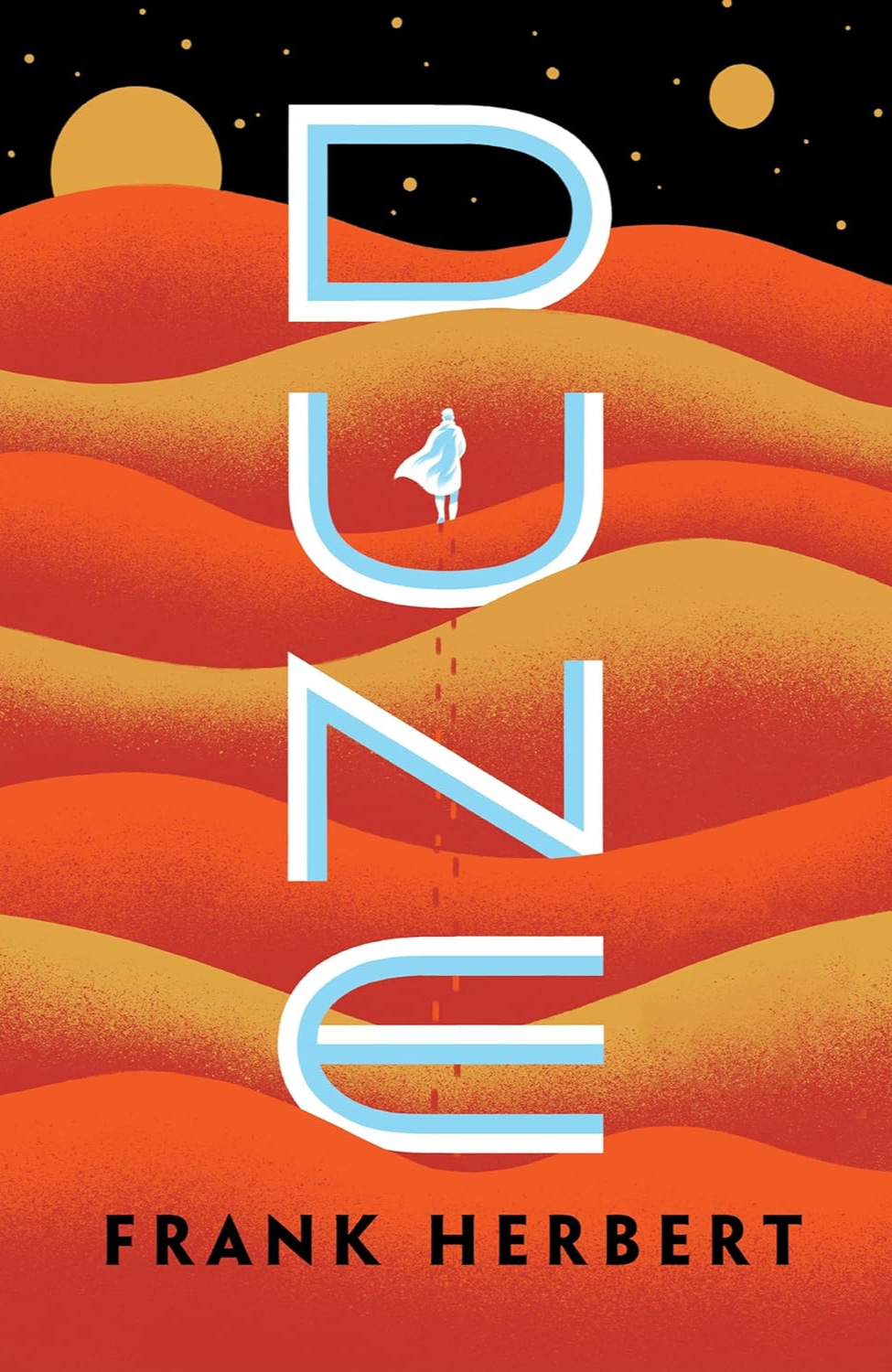 A stylised illustration of the desert of Arrakas is used as the book cover for Dune.