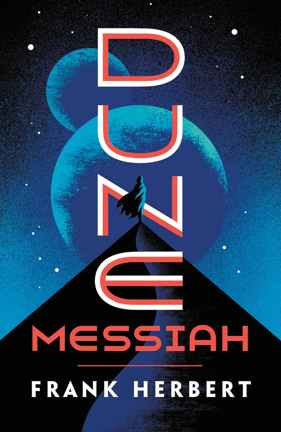 A stylised illustration of the someone standing at the peak of a dune at night is used as the book cover for Dune.