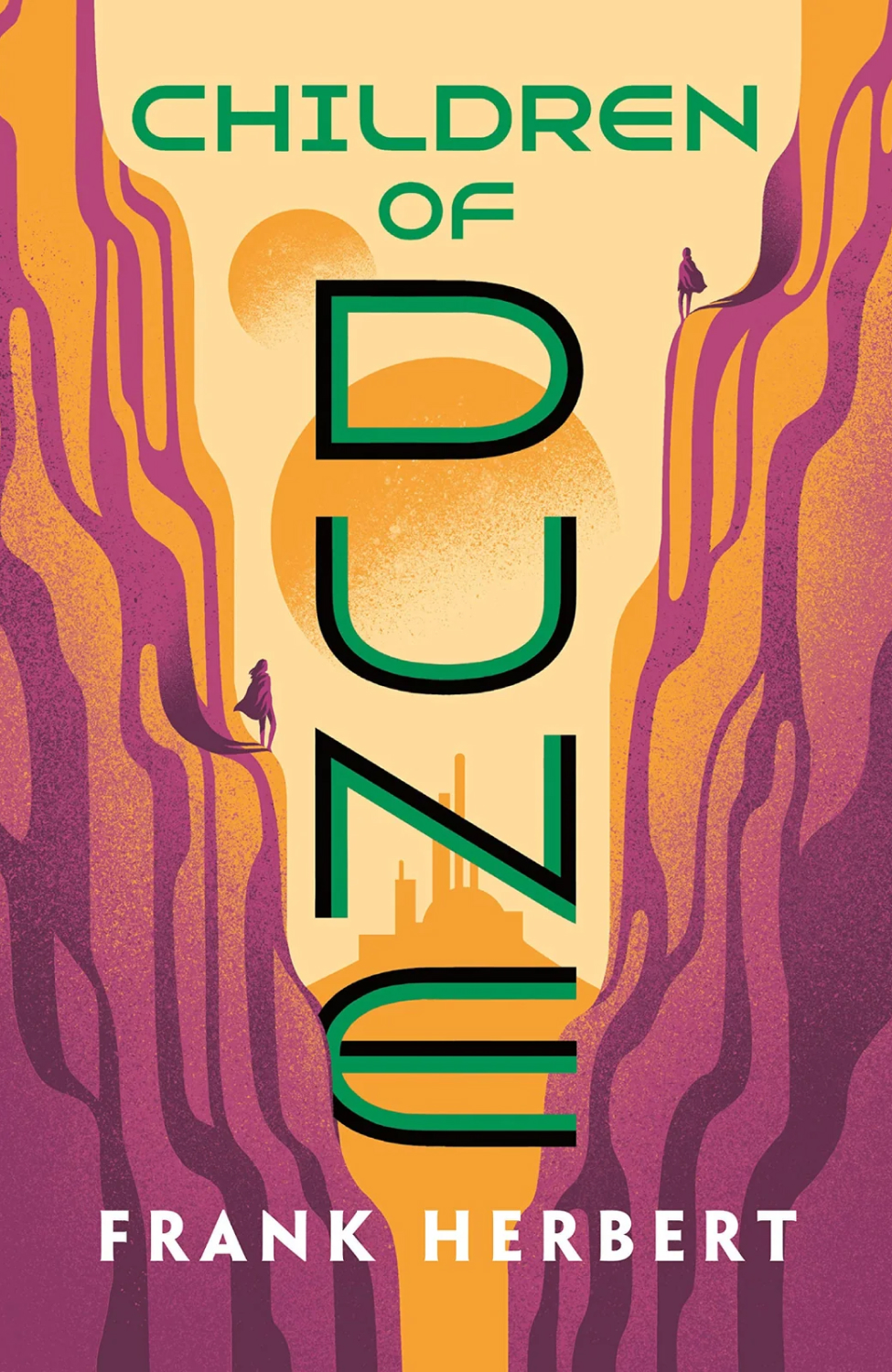 A stylised illustration of two children standing on opposite cliffs is used as the book cover for Children of Dune.