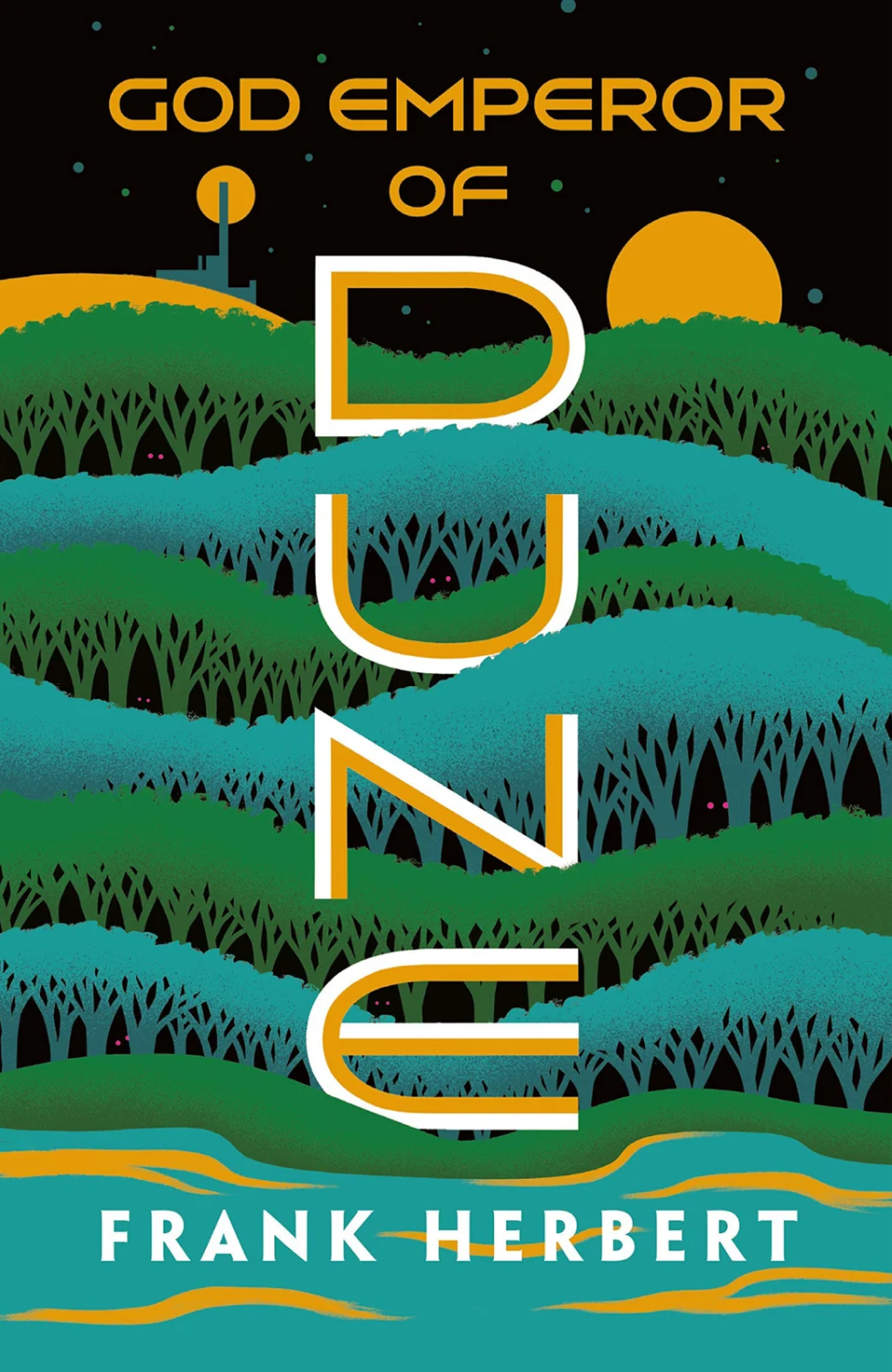 A stylised illustration of the new forests of Dune, with wolve eyes in the darkness between the trees.